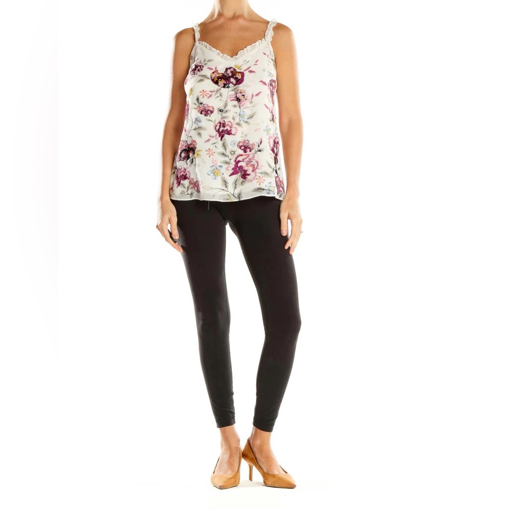 White House Black Market White Floral Ruffle Strap Top